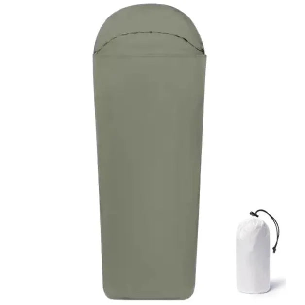 Blue or green mummy-style nylon camping sleeping bag showing tapered design and lightweight construction