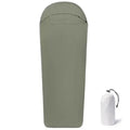 Blue or green mummy-style nylon camping sleeping bag showing tapered design and lightweight construction