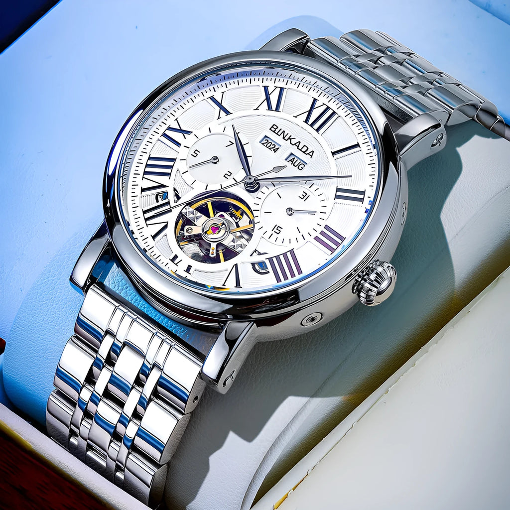 Men's automatic watch with steel bracelet showing 15mm thickness and business style dial