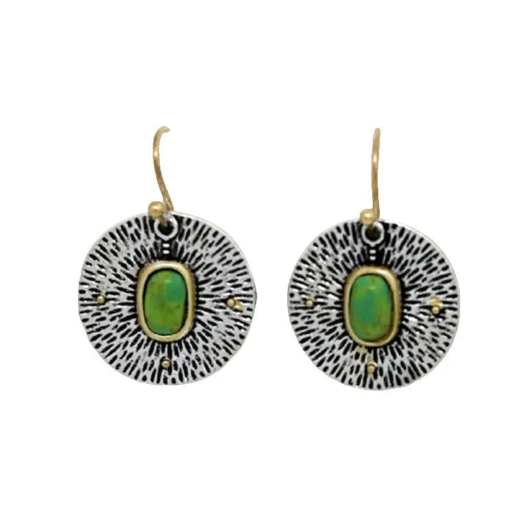 Retro turquoise and antique silver colour separation alloy earrings with electroplated finish