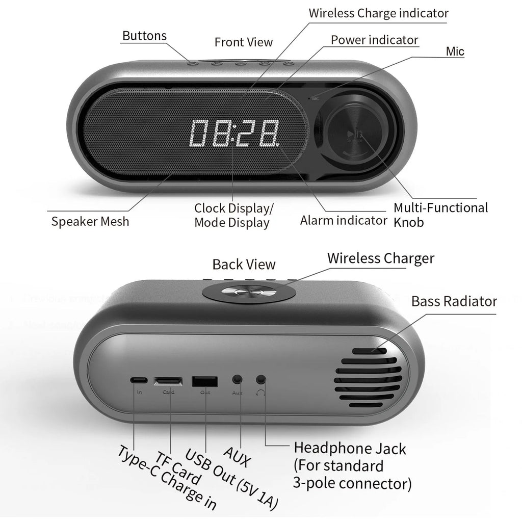 Bedside wireless charging alarm clock with Bluetooth audio and LED display in space grey