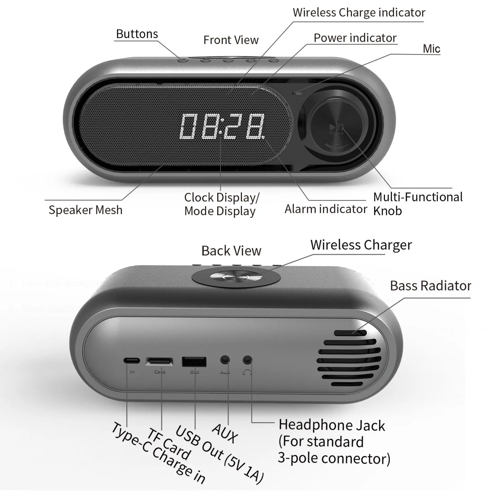 Bedside wireless charging alarm clock with Bluetooth audio and LED display in space grey