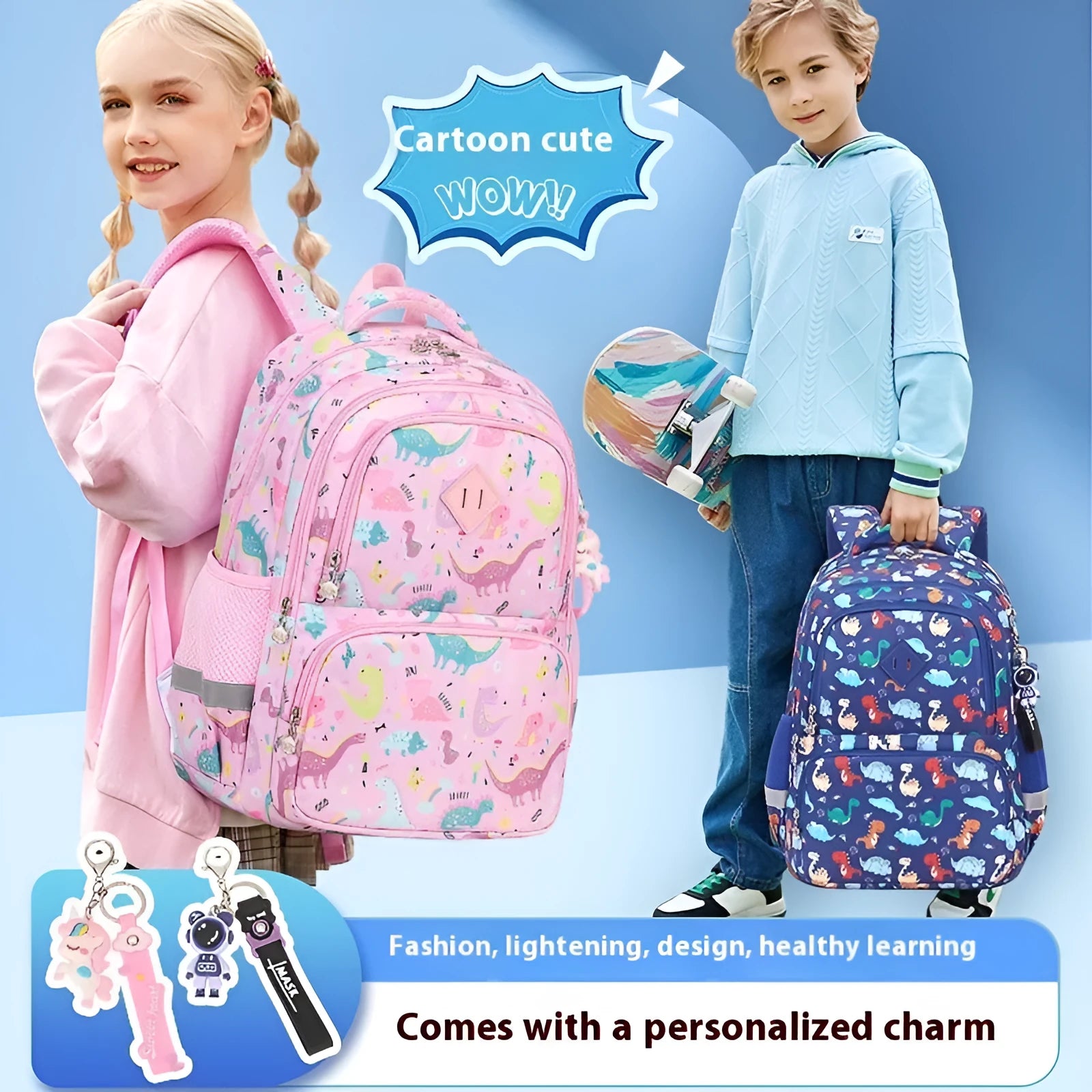 Children's blue dinosaur print waterproof school backpack with curved straps on a white background.
