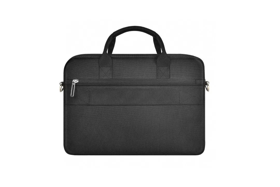 Black Oxford cloth laptop backpack with multiple organisational pockets and a lock, shown with a laptop.