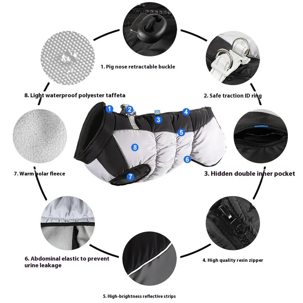 Reflective waterproof dog winter coat in polar fleece material for large breeds