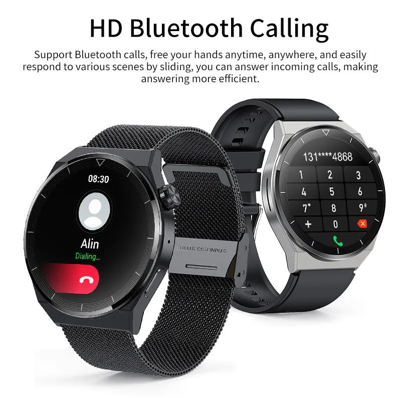 Black silicone strap smartwatch with silver vinyl case showing TFT touchscreen displaying health metrics