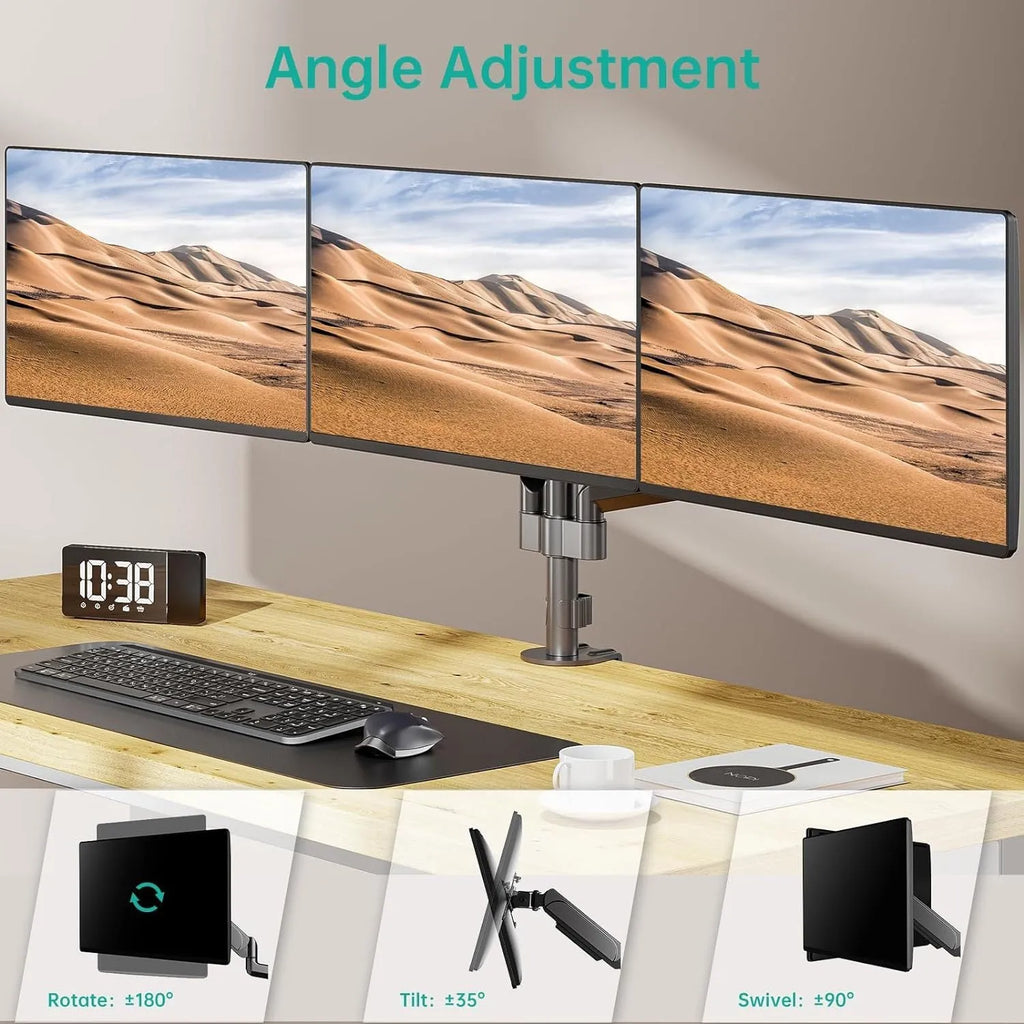Black three-arm gas spring monitor arm for 13 to 27 inch computer screens