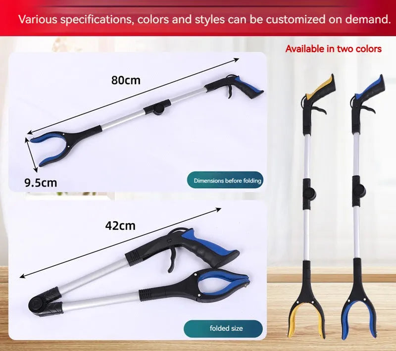 Foldable aluminium rubbish clamp with magnetic grabber head, shown extended and folded.