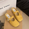 Women's flat half slipper in apricot colour with square toe and rubber sole.