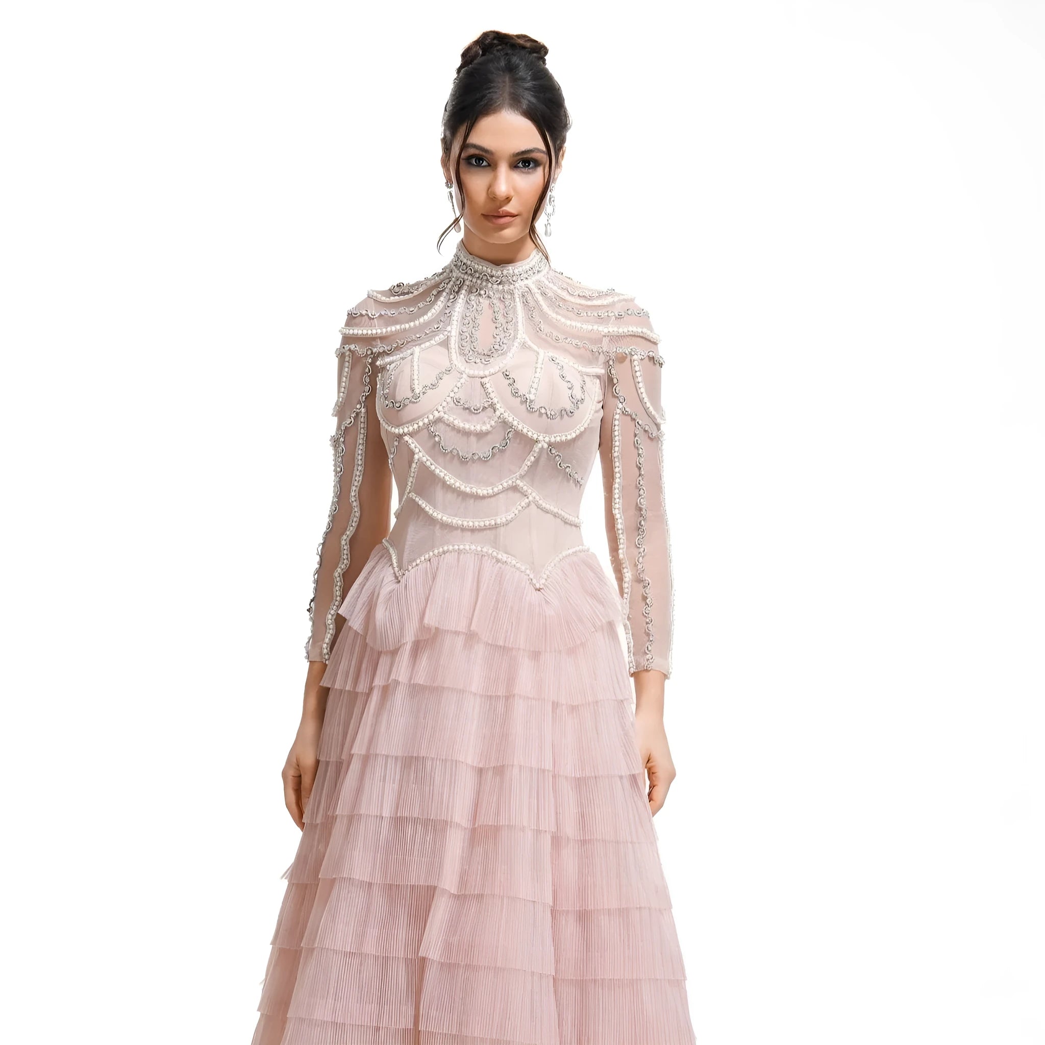 Women's black long sleeve beaded dress with three-dimensional decoration and mid-waist design
