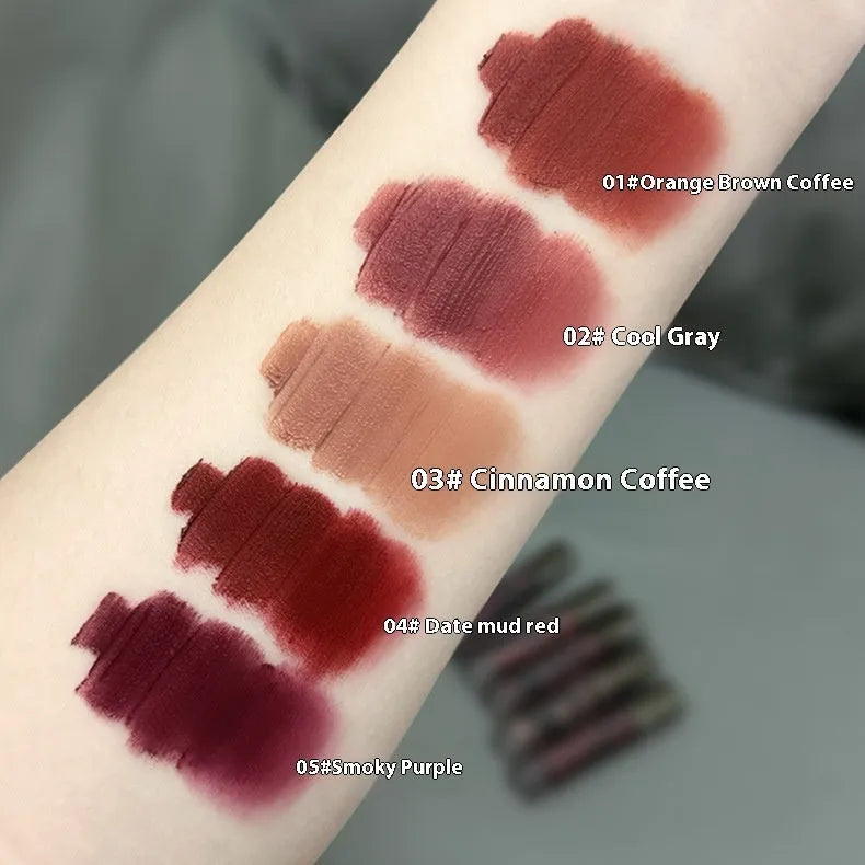 Lava Secret Matte Lip Mud Lipstick in five colours including orange brown coffee and jujube red