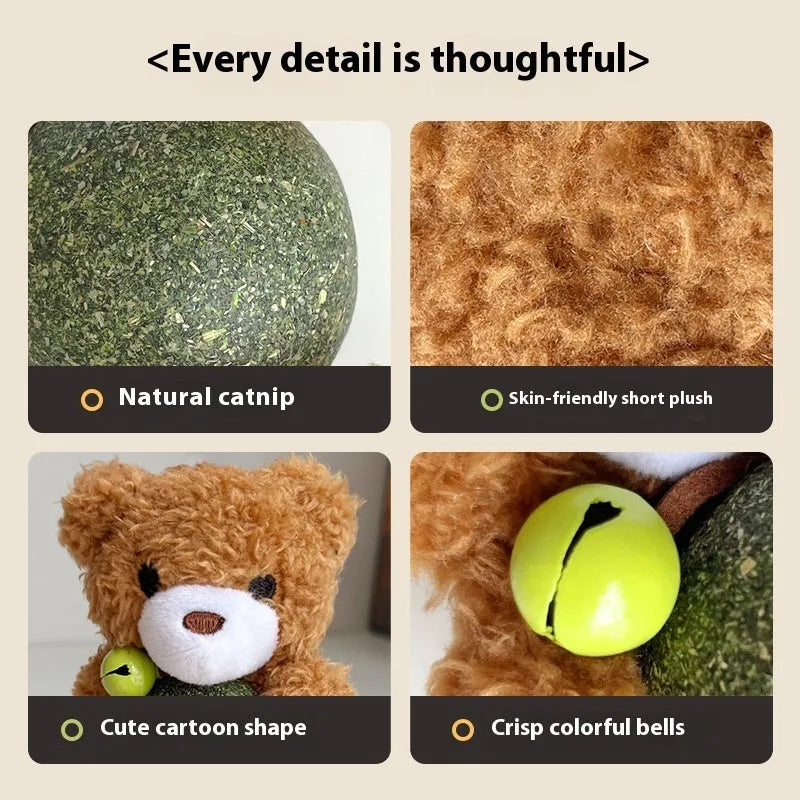 Soft plush cat toy in the shape of a bear, containing catnip and a bell, next to a measuring tape showing 15cm.