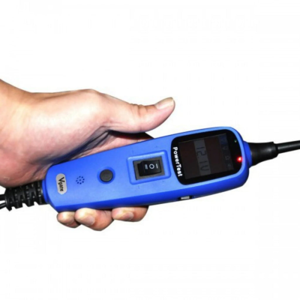 Blue PT150 automotive power circuit test pen with colour display, cables, and protective blow moulded case.