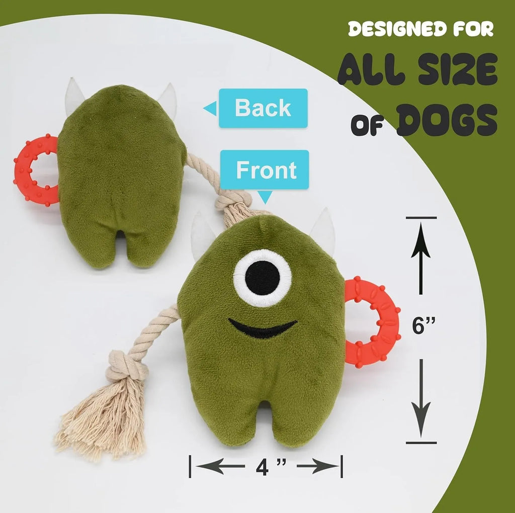 Blue and green monster plush dog toy with integrated cotton rope and squeaker.