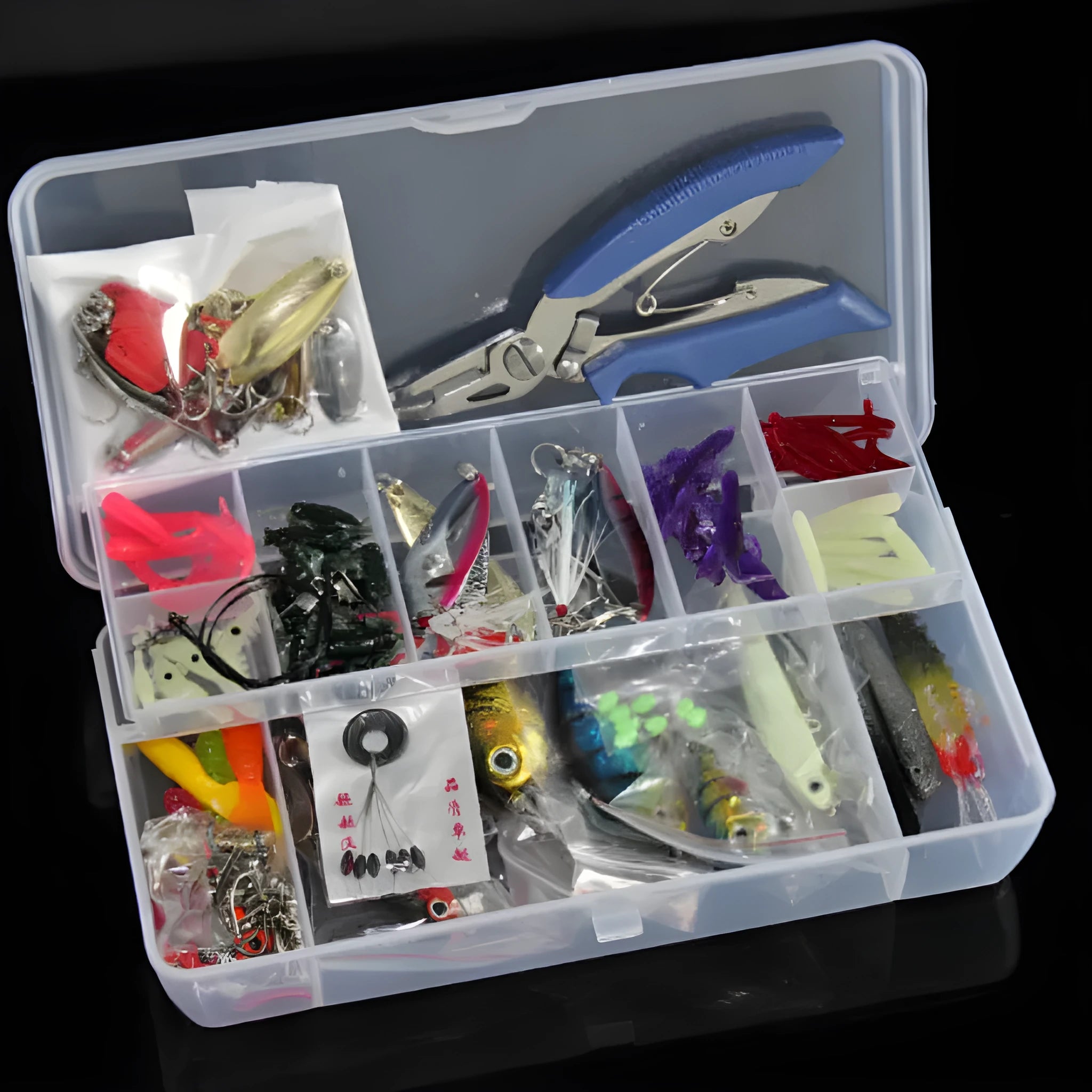 132-piece rose red fishing lure set with soft baits and steel hooks in compact packaging