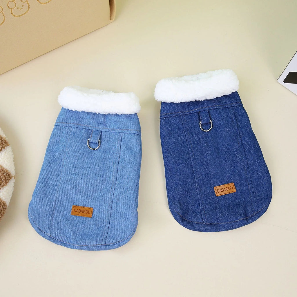 Blue denim cotton dog coat on a model, showing dark and light colour options for various dog sizes.
