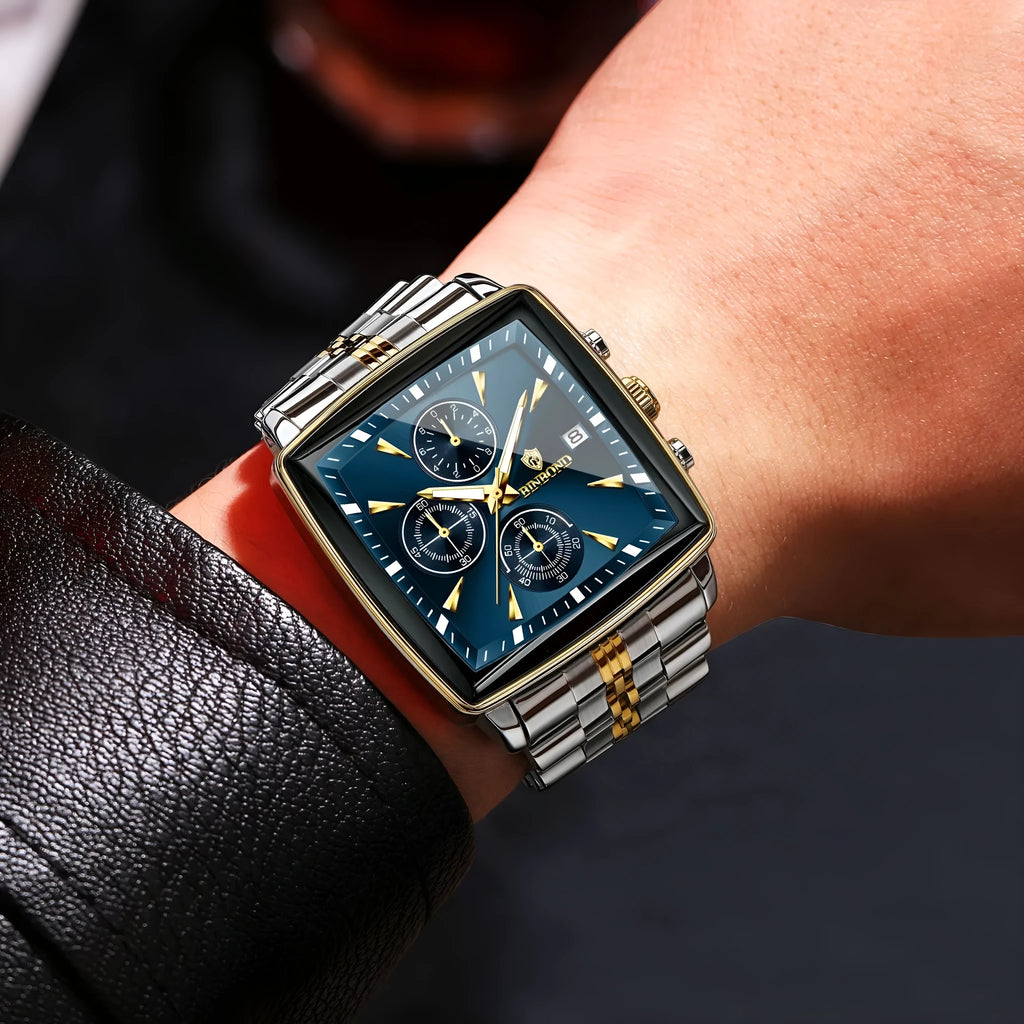 Men's rectangular dial quartz watch with stainless steel case and luminous waterproof features
