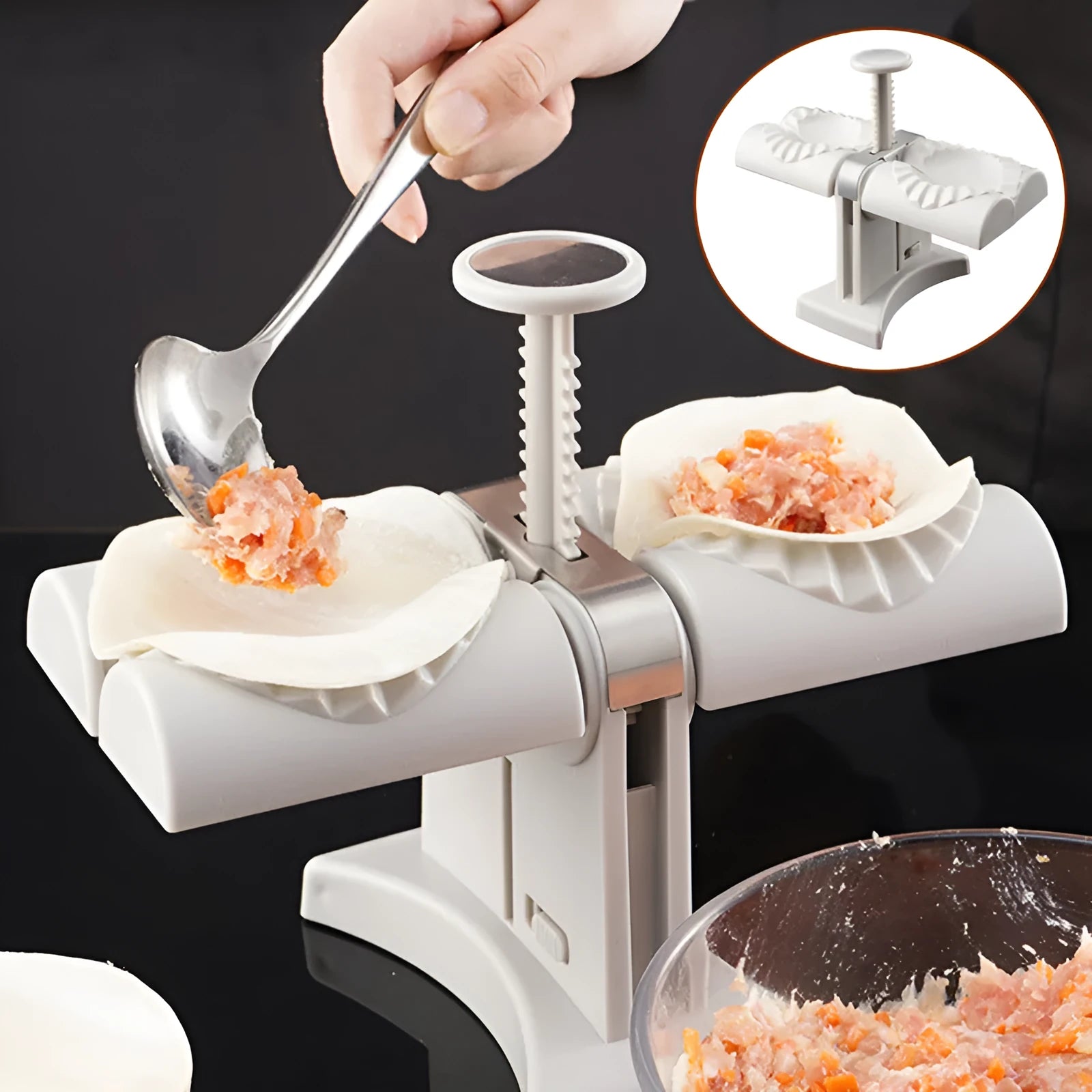 White double head manual dumpling maker with anti-slip rubber base mat