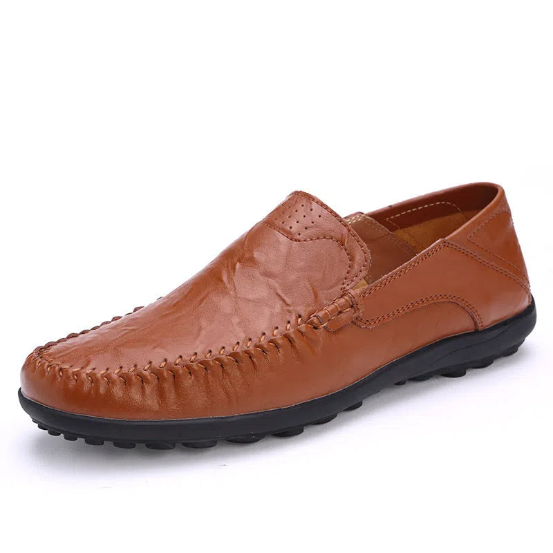 Men's casual leather shoes, genuine leather upper, round toe, slip-on style, black colour