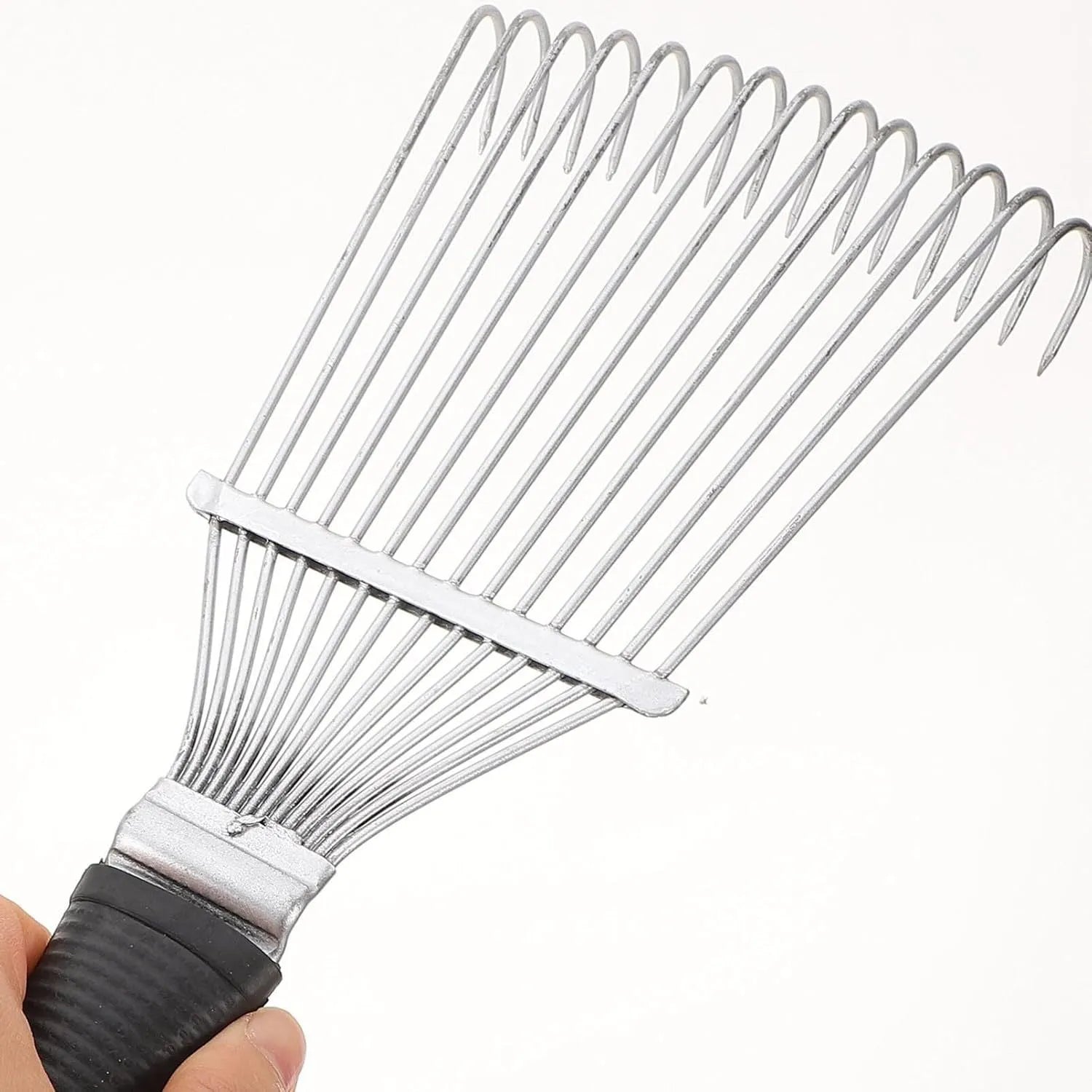 Black stainless steel animal grooming rake with curved teeth, 33 cm length