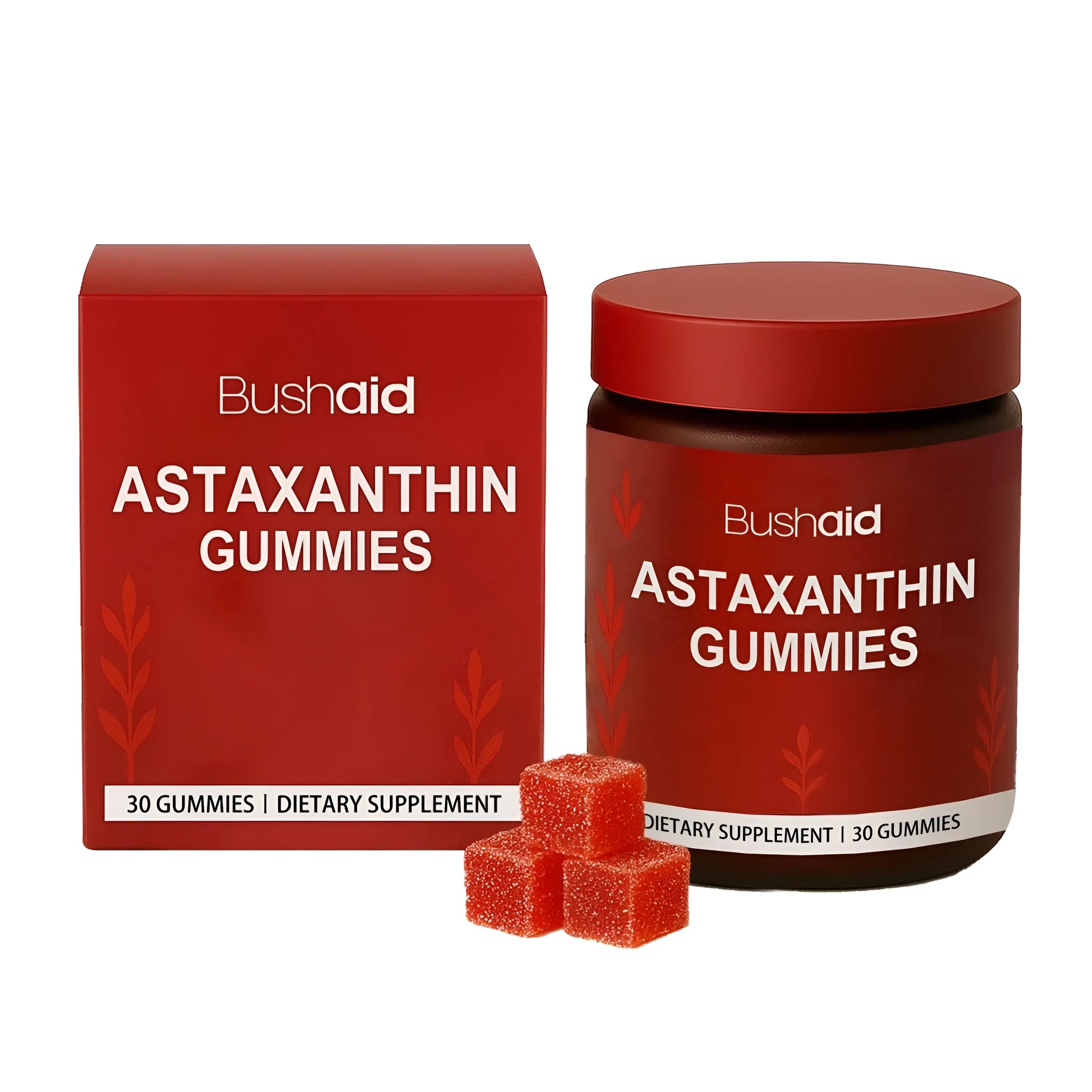 Bottle of 30 astaxanthin supplement gummies with vitamin C and zinc.