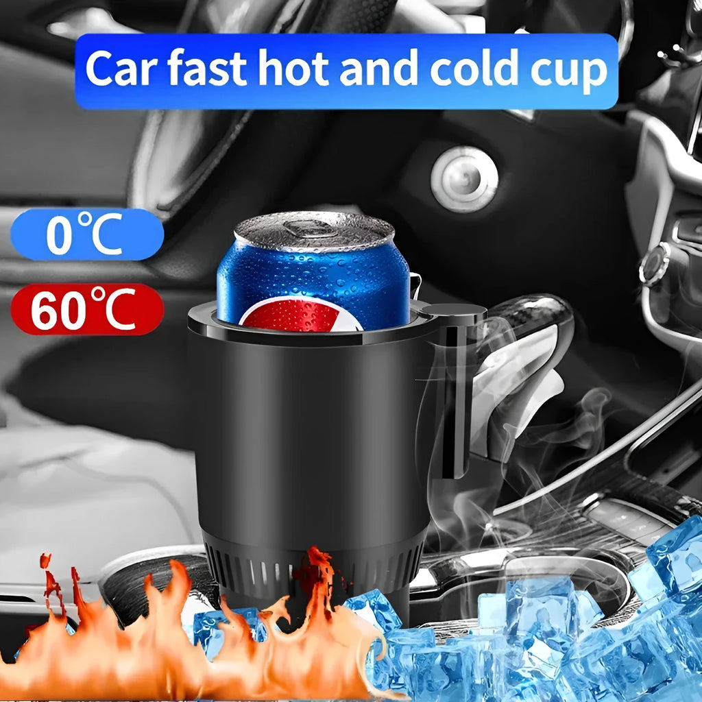 Black 12V car cup warmer and cooler with digital temperature display placed in a car cup holder.