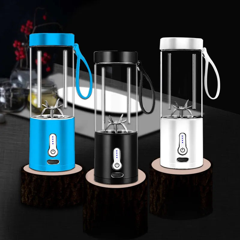 Black rechargeable portable blender with clear 530ml cup and five-blade cutter head