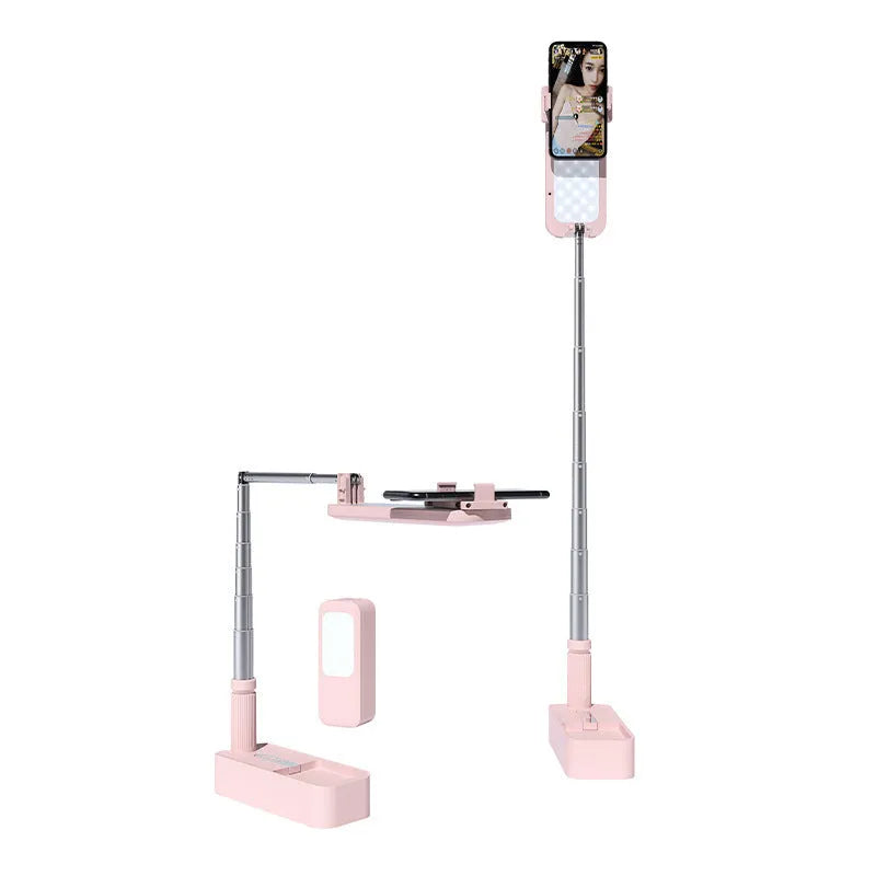Floor-standing mobile phone fill light bracket with LED illumination and telescopic folding design