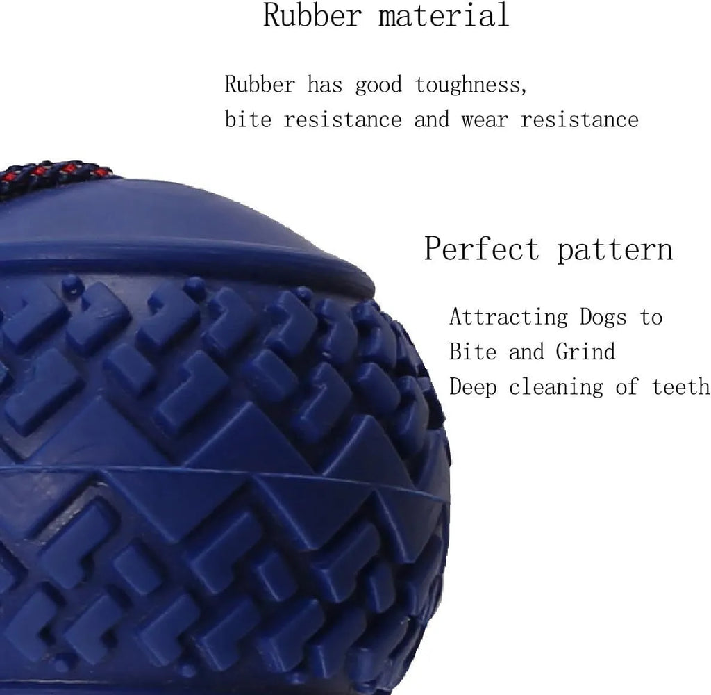 Blue and red durable rubber dog ball attached to a rope toy for small medium dogs
