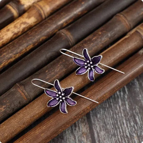 Purple retro flower alloy drop earrings with electroplated finish and butterfly clutch closure