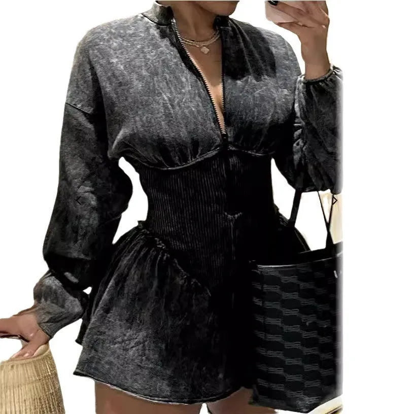 Grey digital print dress with drawstring waist and A-line silhouette