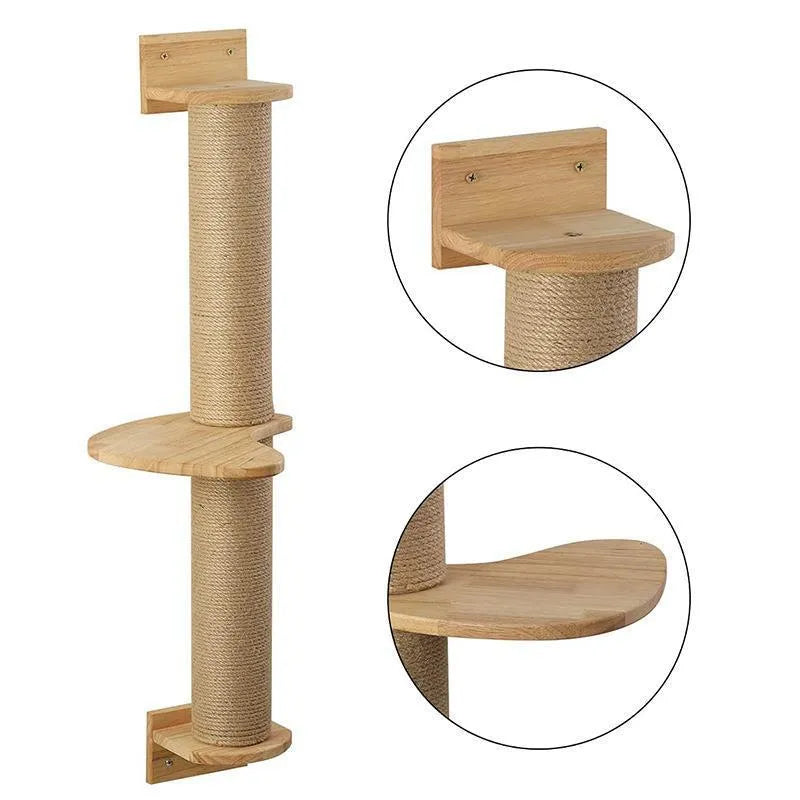 Wooden cat climbing frame mounted on wall with natural wood colour finish
