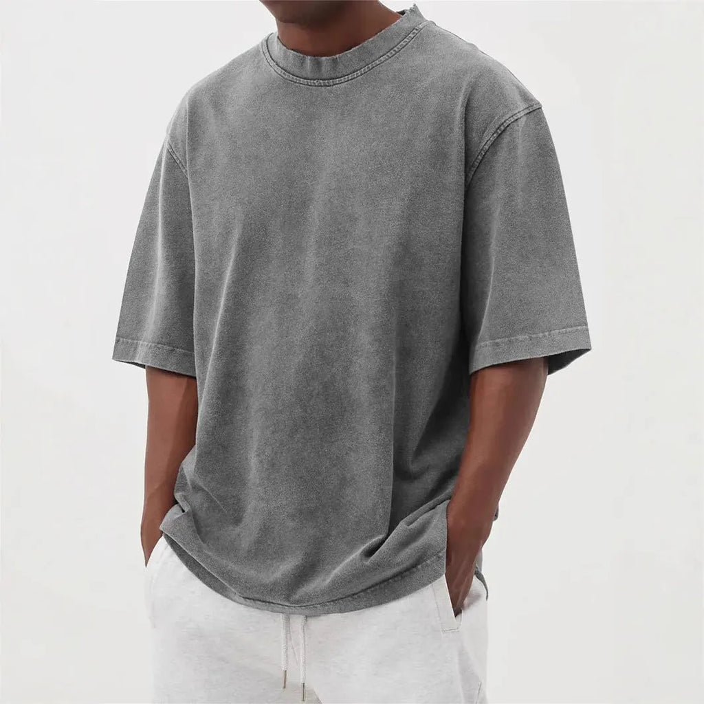 Men's loose fit distressed polyester t-shirt in stone washed solid colours
