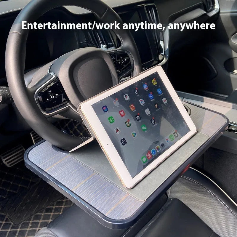 Black foldable car steering wheel tray with laptop and cup holder on ABS plastic stand