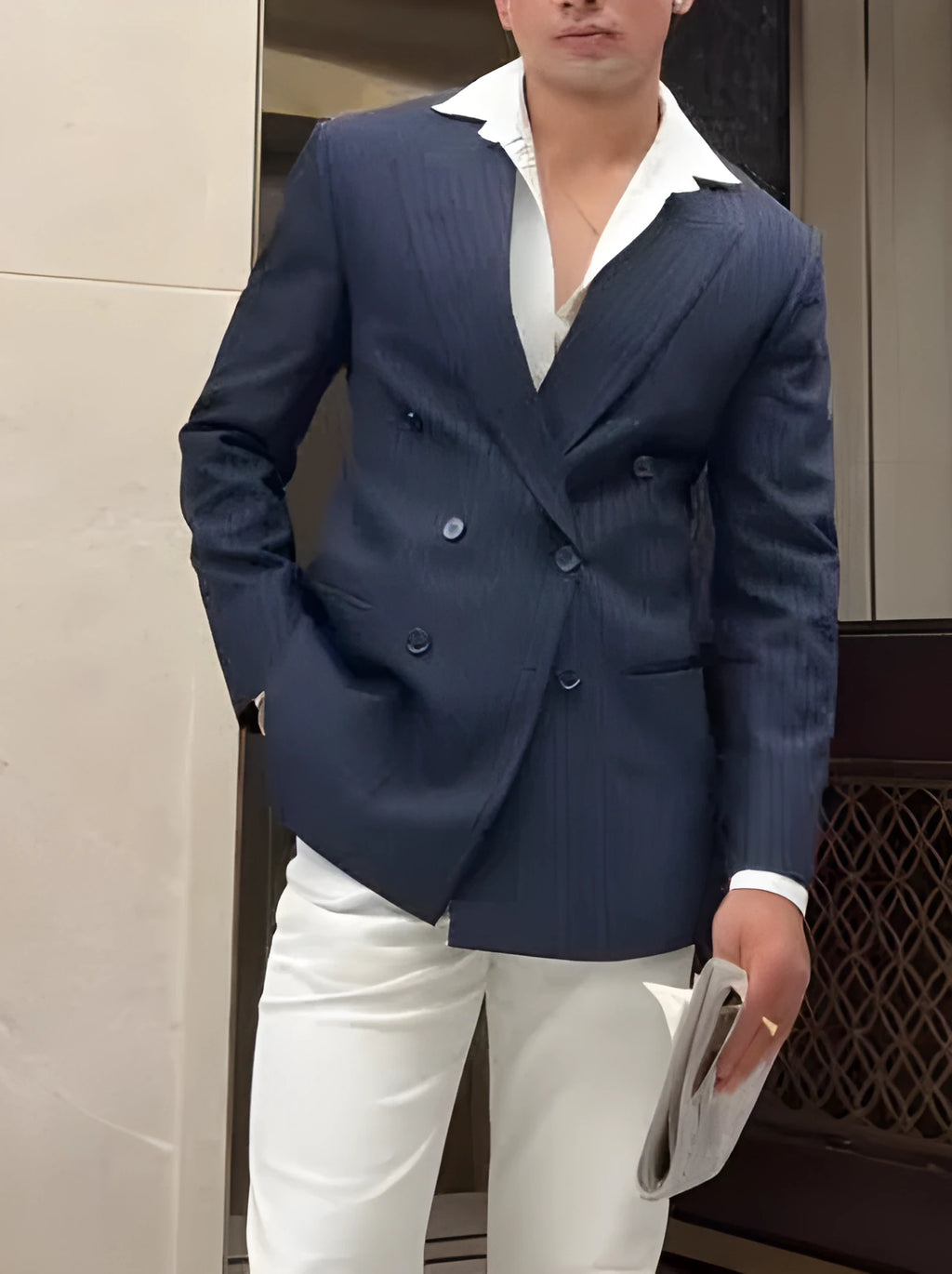 Men's striped double breasted blazer jacket with regular fit and polyester fabric