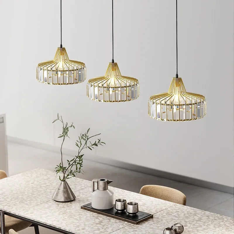 Modern crystal chandelier droplight with LED lights in black or gold finish, available in 18cm, 25cm, and 32cm sizes.