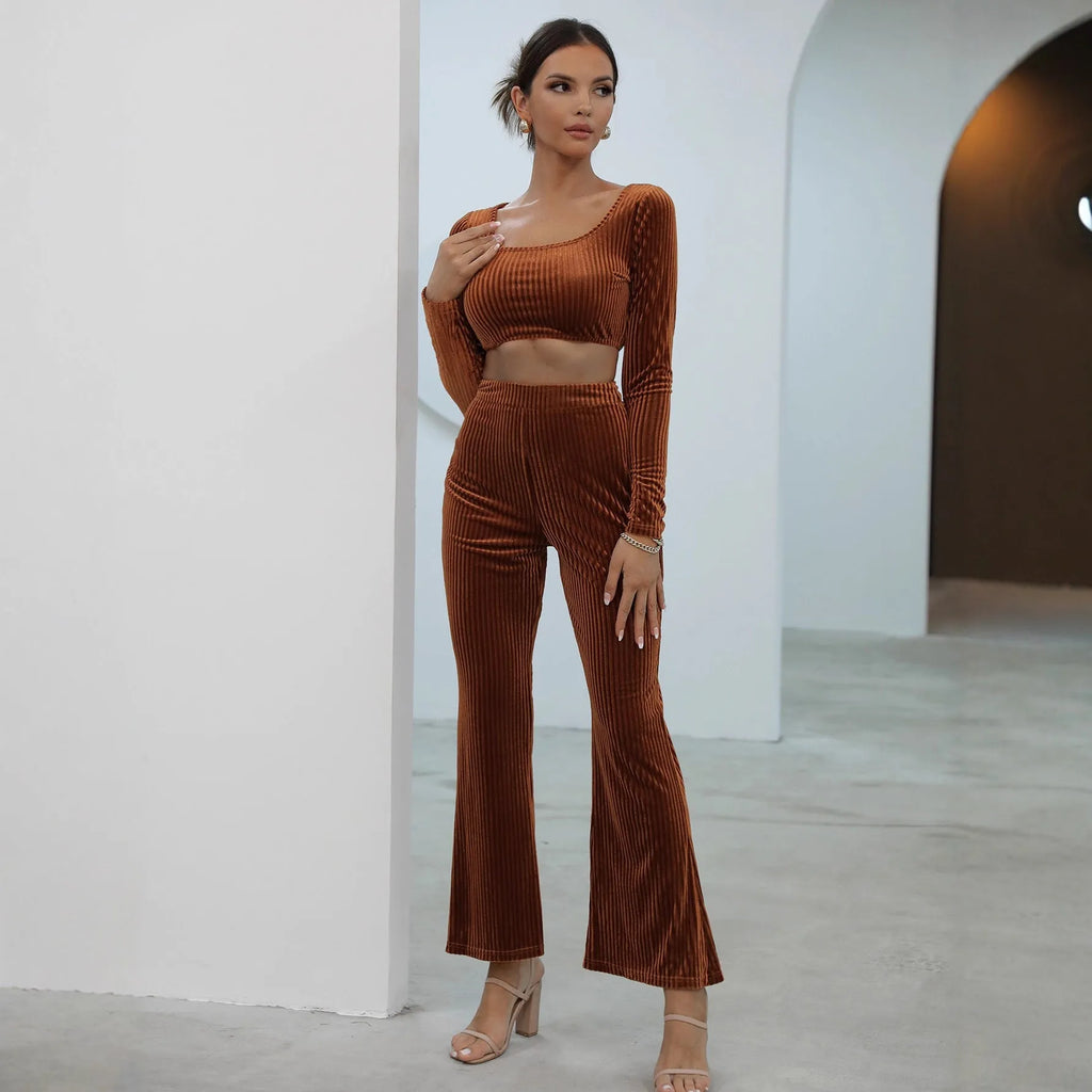 Caramel coloured long sleeve sweater set with top and pants in polyester spandex fabric