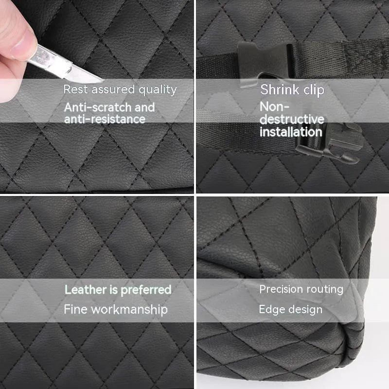 Black leather car hanging storage bag measuring 25cm by 25cm