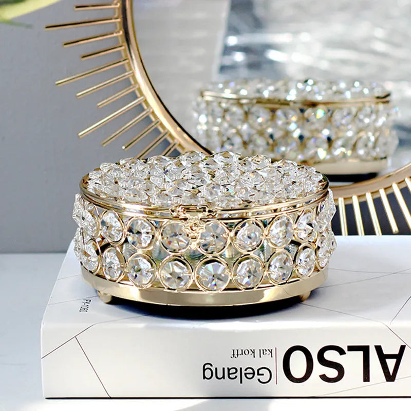 French gold metal jewellery box with crystal glass transparent lid, European style decorative design