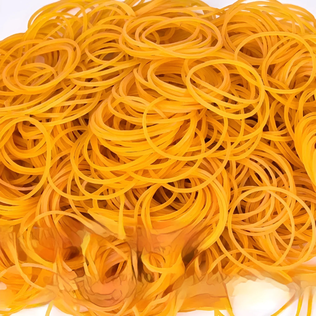 500g pack of yellow rubber bands showing various diameters from 16mm to 70mm