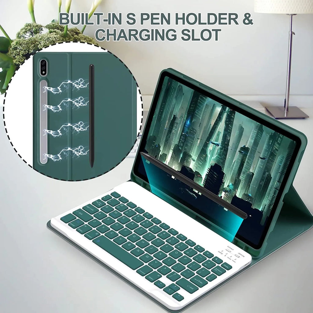 Samsung Galaxy tablet in a TPU case with a Bluetooth keyboard and a charging mouse alongside.