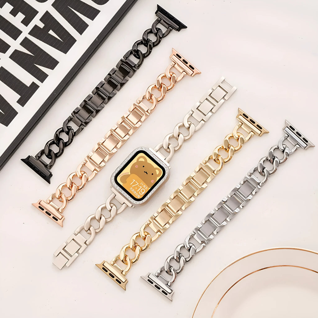 Denim chain link metal strap for Apple Watch in silver, black, gold, rose gold, or Starlight colour.