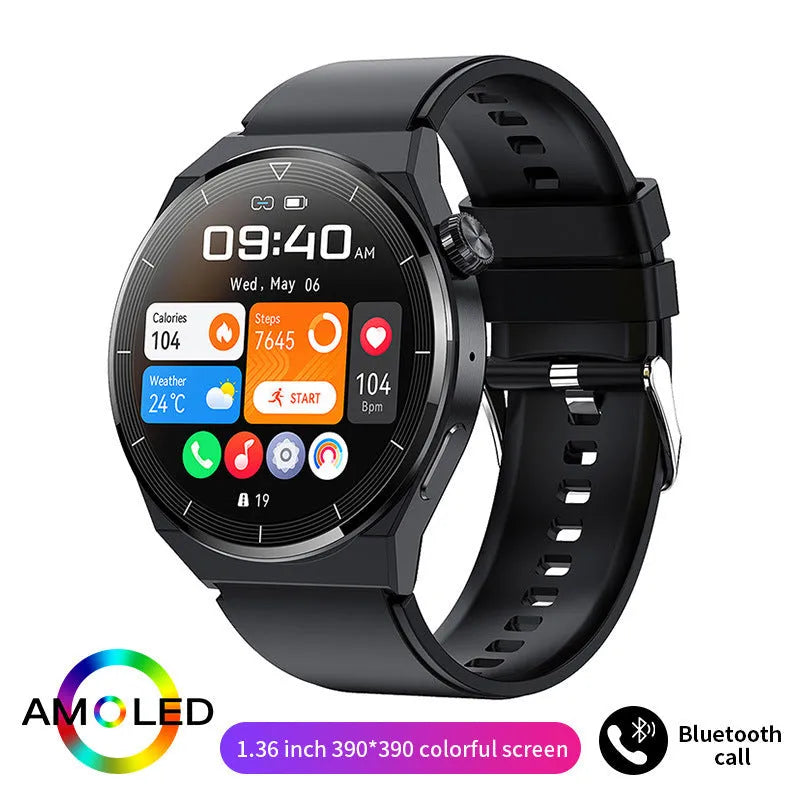 Black silicone strap smartwatch with silver vinyl case showing TFT touchscreen displaying health metrics
