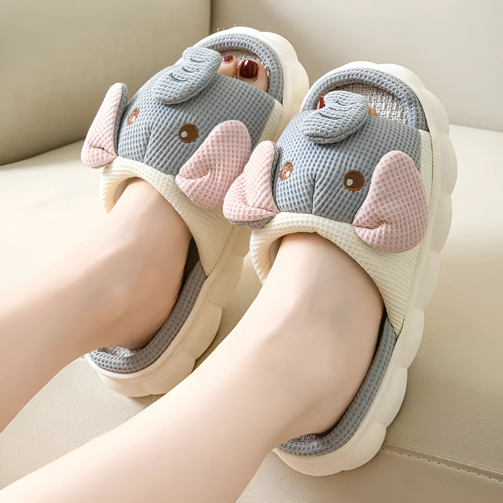 Elephant grey open toe linen slippers for couples with PVC sole and EVA midsole