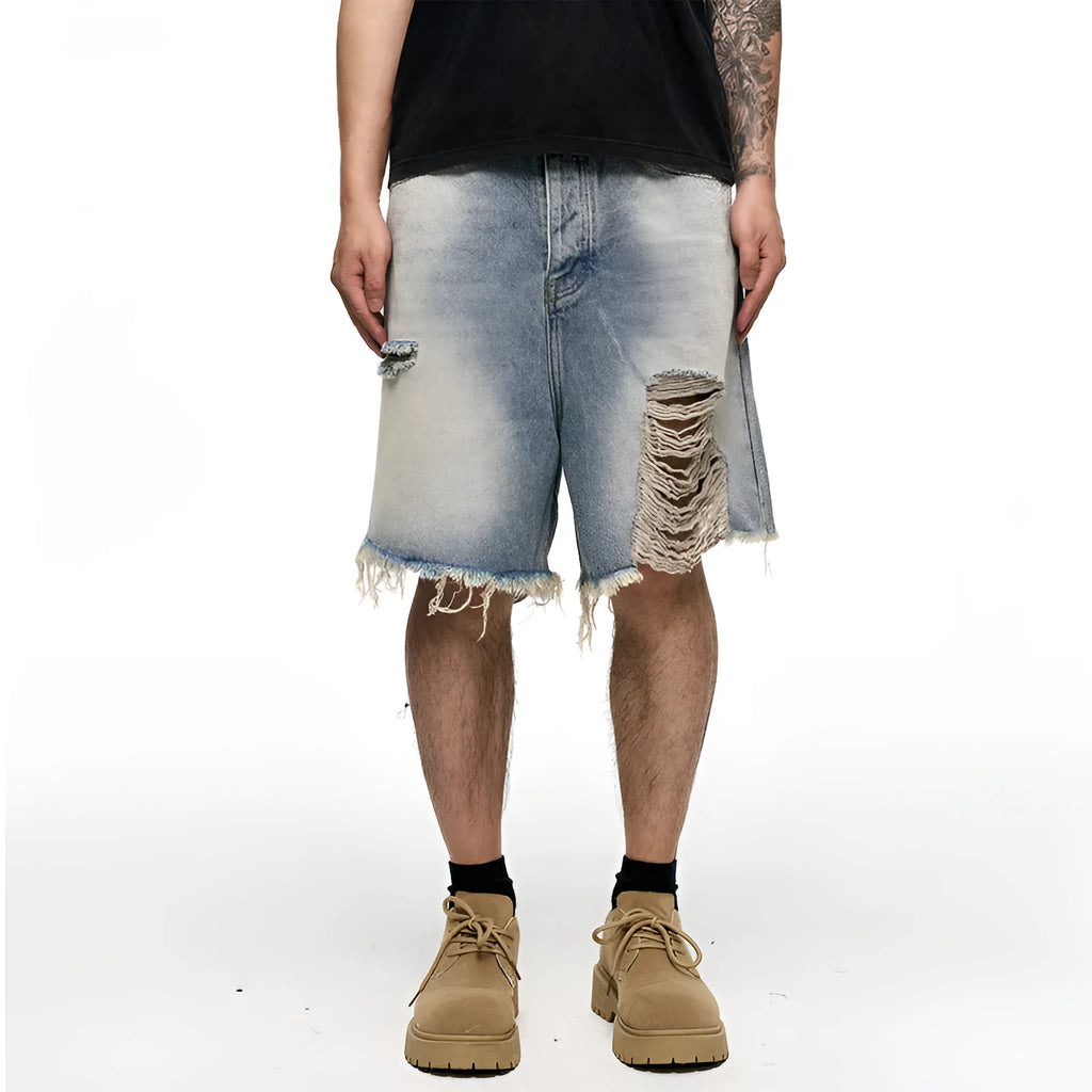 Light blue retro washed men's baggy denim shorts with wide leg cut and mid waist