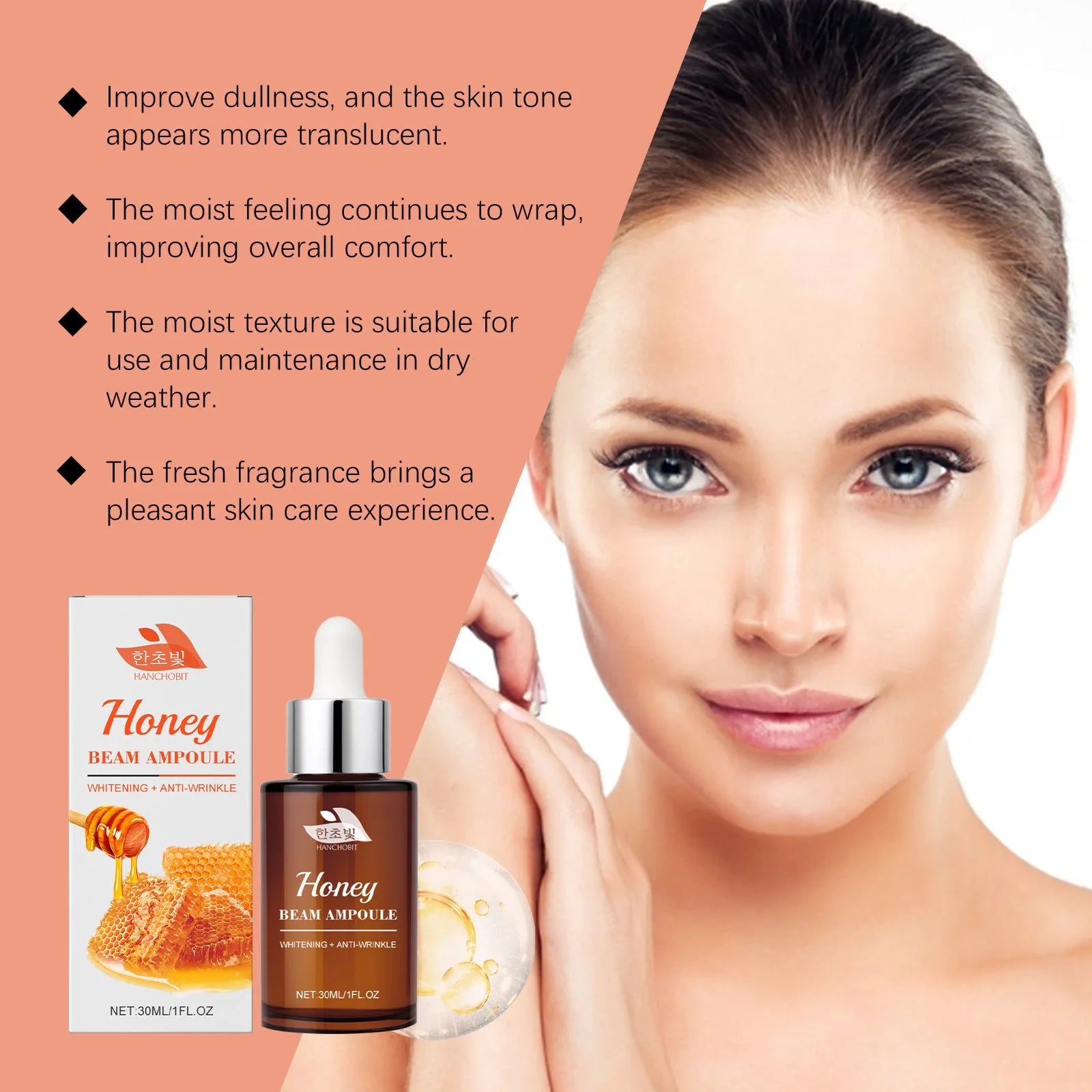 30ml bottle of moisturising facial liquid with honey and botanical extracts