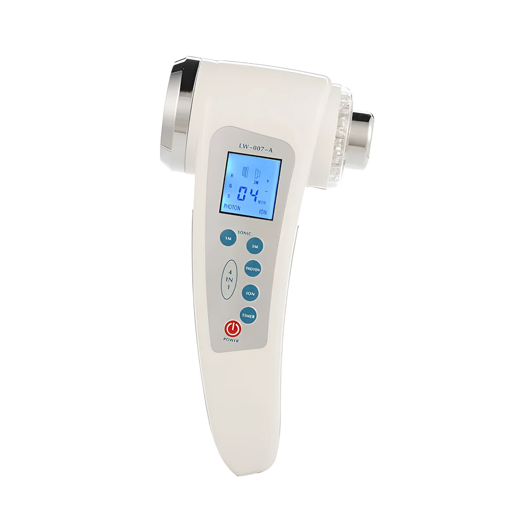 White ultrasonic beauty instrument with two stainless steel heads and ABS handle, 165mm height, 195g weight