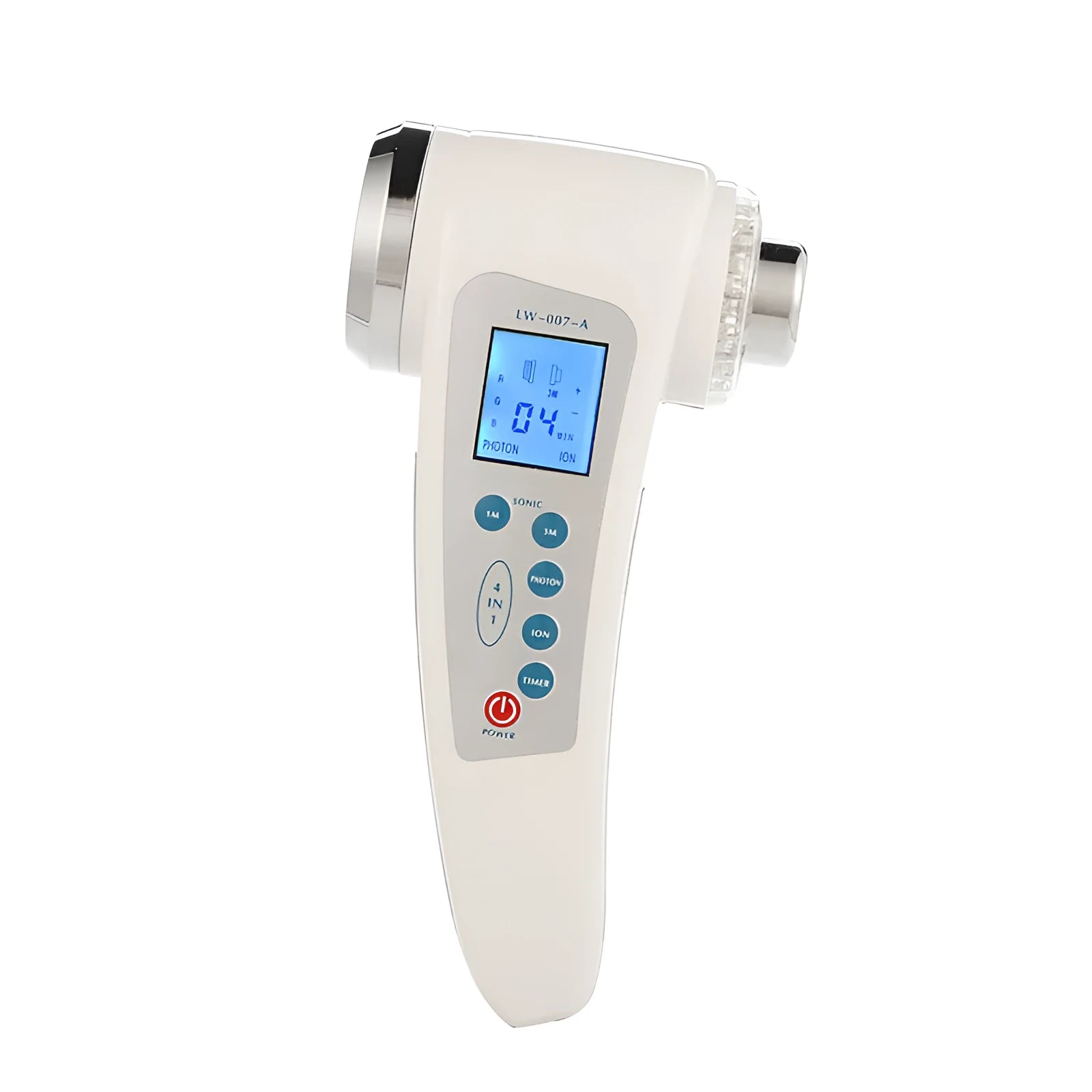 White ultrasonic beauty instrument with two stainless steel heads and ABS handle, 165mm height, 195g weight