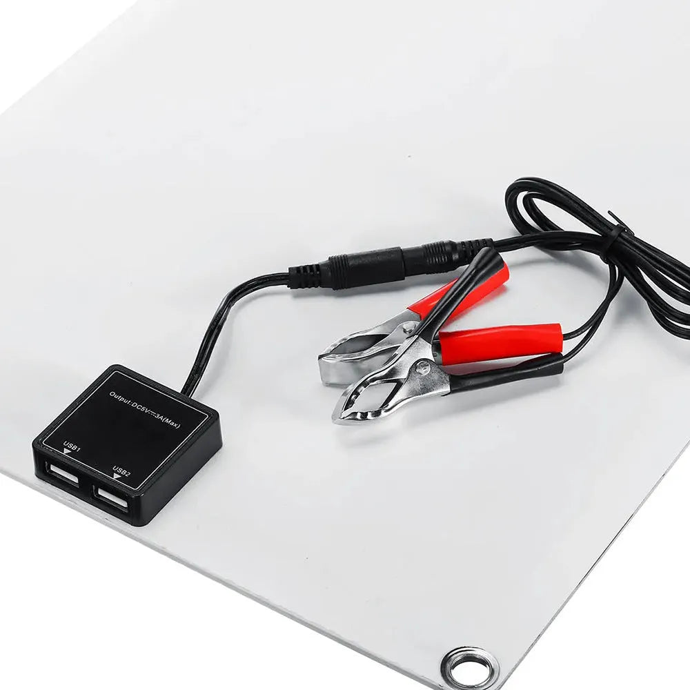 30W semi-flexible outdoor solar charging panel showing USB port and 18V output cable