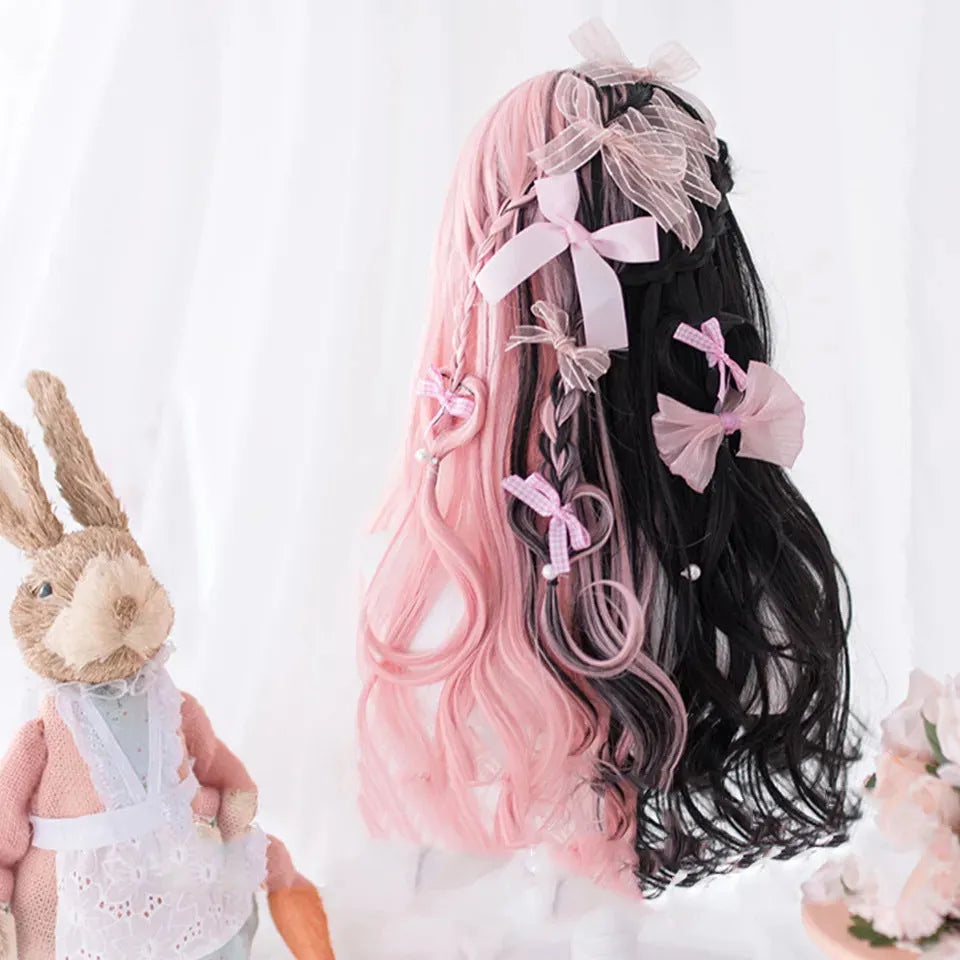 Harajuku Lolita wig with long black and pink curly hair and fringe bangs for cosplay